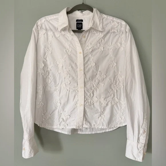 GAP Floral Embroidered Applique Button-up Cropped Shirt White Size Small - Picture 6 of 11